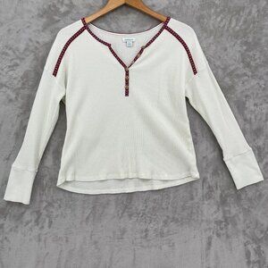 Sundance Ivory V-Neck Waffle Knit Long Sleeve Thermal Top Boho Hippie